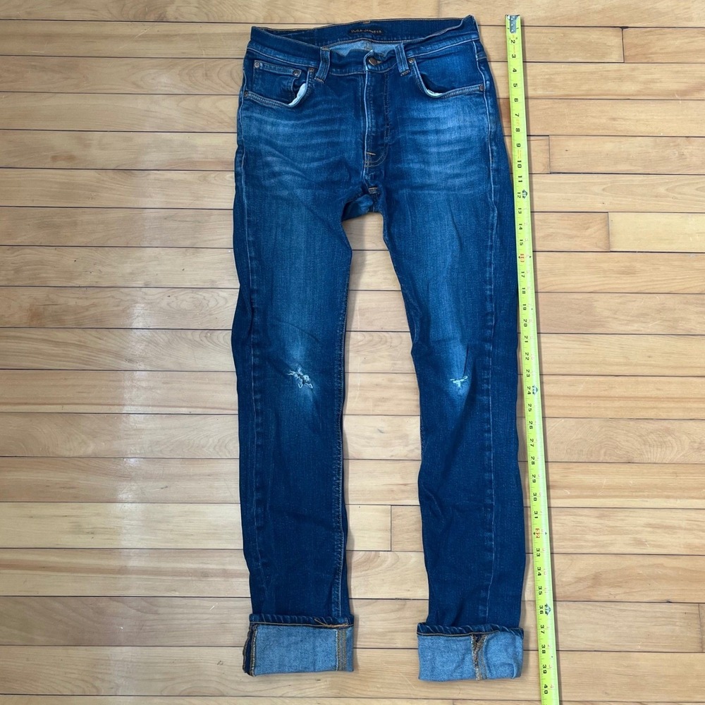 Nudie Jeans Co Slim Indigo Blue Denim Distressed Men 30x34 Button Fly Made Italy